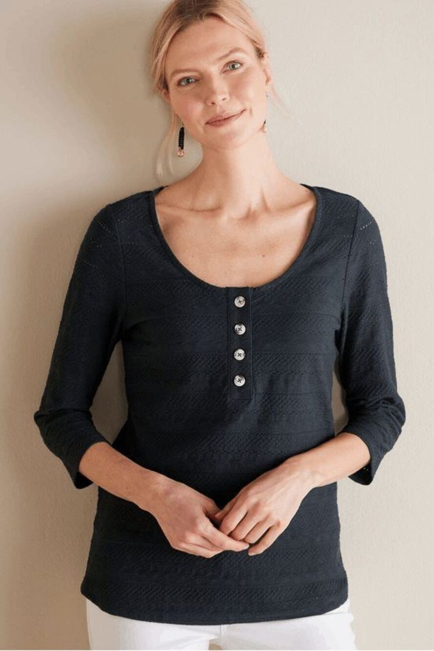 SOFT SURROUNDINGS Jude Textured Top Black Scoop Neck 3/4 Sleeve Cotton PXL NEW